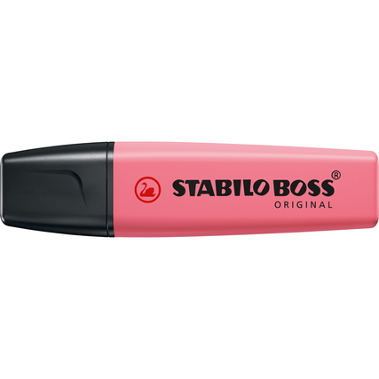 Textmarker in Pastellkirschblütenrosa mit schwarzem Deckel und Logo auf der Oberseite.