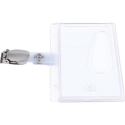 Drehbarer Metallclip mit transparentem Namensschild für die Befestigung an Kleidung.