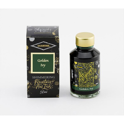 Flasche mit Shimmering Ink Tinte 'Golden Ivy' und passender Verpackung.