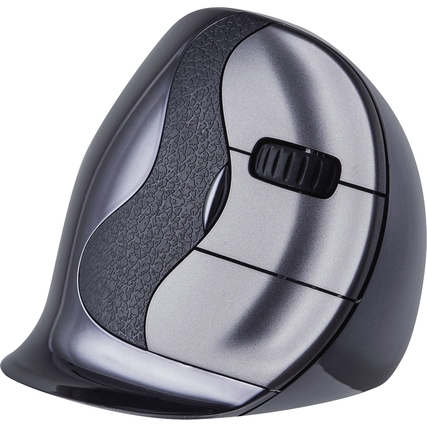 Ergonomische Vertikalmause in Schwarz mit seitlichen Tasten und Scrollrad.