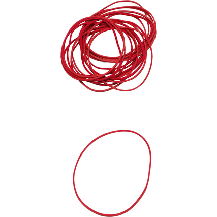 Rote Gummiringe in verschiedenen Größen, einige übereinander gestapelt, andere flach ausgelegt.