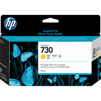 Gelbe HP Tintenpatrone 730 in Verpackung mit Schmetterlingsdesign und Produktinformationen.