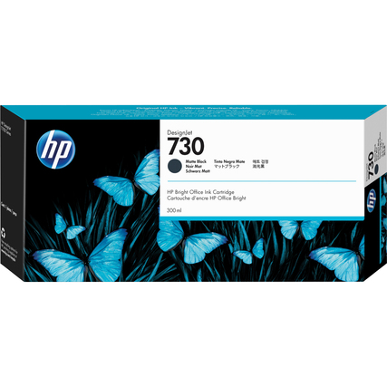 Schwarze HP Tintenpatrone 730 in der Verpackung mit Schmetterlingsdesign und blauer Farbgestaltung.