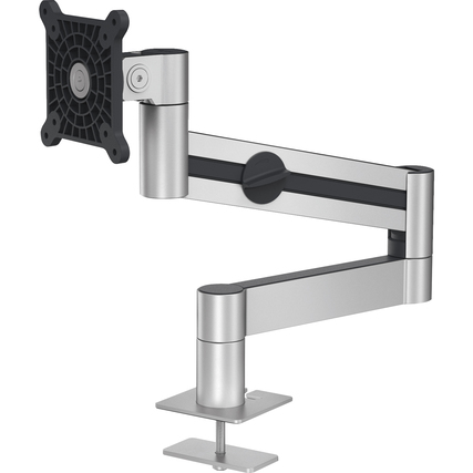 Beweglicher Monitorschwenkarm mit Tischhalterung für einen Bildschirm in silberner Farbe.