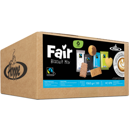 Kartonverpackung mit verschiedenen Gebäcksorten und Fairtrade-Symbolen.