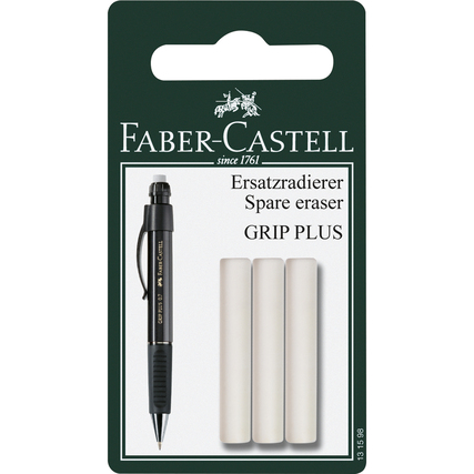 Drei Ersatzradierer in einer Verpackung mit einem Bleistift auf grünem Hintergrund.