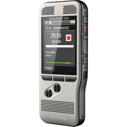 Philips Diktiergerät PocketMemo DPM6000 mit Farbdisplay und Bedientasten von der Frontansicht.