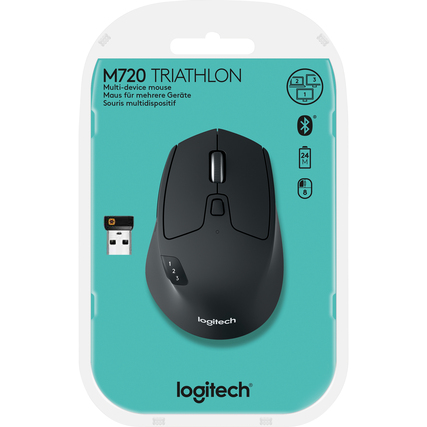 Optische PC-Maus Logitech M720 Triathlon in Verpackung mit Bedien- und Anzeigeelementen.