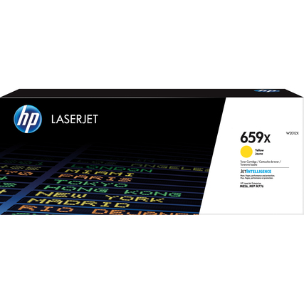 Gelbe HP Toner-Box 659X mit schwarzer Verpackung und Logo.