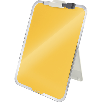 Gelbes Glasboard mit Ständer, geeignet für Notizen und Präsentationen.
