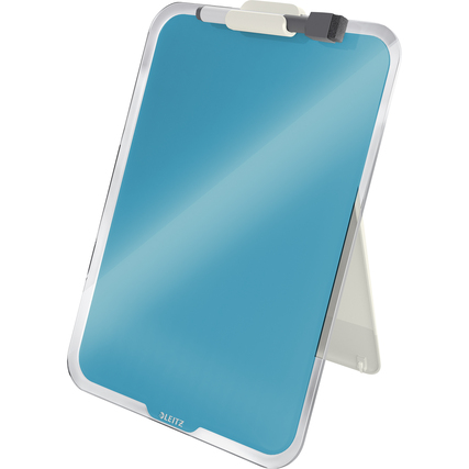 Stehendes blaues Glasboard mit Halterung und Marker, geeignet für Notizen und Präsentationen.