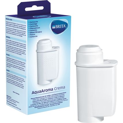 Weißer BRITA Filterkartusche AquaAroma Crema mit Verpackung auf der linken Seite.
