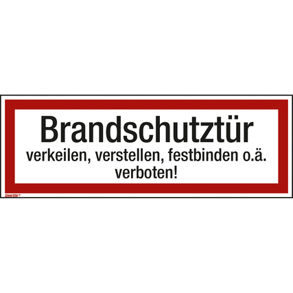 Hinweisschild mit Aufschrift "Brandschutztür verkeilen, verstellen, festbinden o.ä. verboten!"