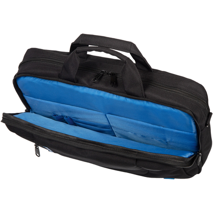 Schwarze Notebooktasche mit Reißverschluss und blauer Innenausstattung, geöffnet gezeigt.