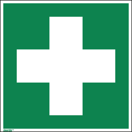 Grünes Hinweisschild mit weißem Kreuz, Größe 20 x 20 cm, gekennzeichnet als Erste Hilfe.