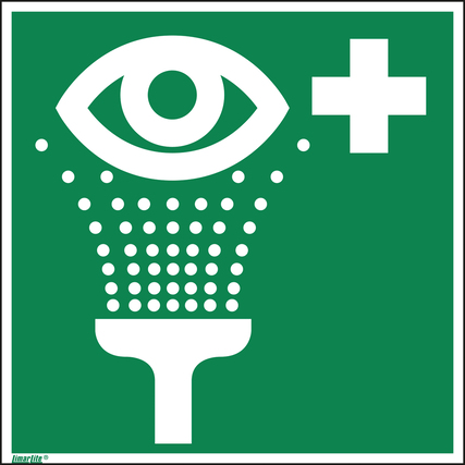 Hinweisschild mit Symbol für Augenspüleinrichtung auf grünem Hintergrund.