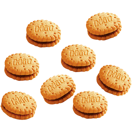 Acht runde, gefüllte Kekse mit der Prägung 'Hit' auf der Oberseite.