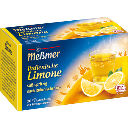 Packung mit 20 Beuteln Meßmer Italienische Limone Tee und Glas mit Getränk und Zitronenscheiben.