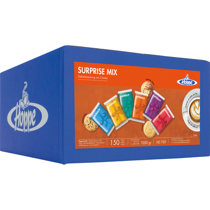 Blaue Verpackung mit verschiedenen Keksen in bunten Tütchen und dem Aufdruck "Surprise Mix".
