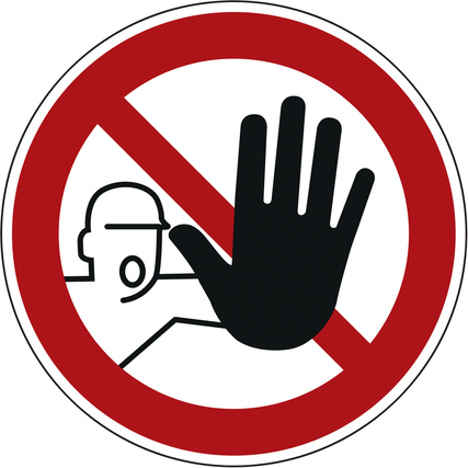 Rundes Hinweisschild mit einem schwarzen Handzeichen und einer Person, die "Stopp" signalisiert.