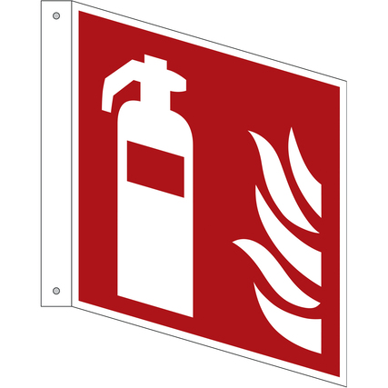 Beidseitig bedrucktes Hinweisschild mit Feuerlöscher und Flamme in Rot und Weiß.