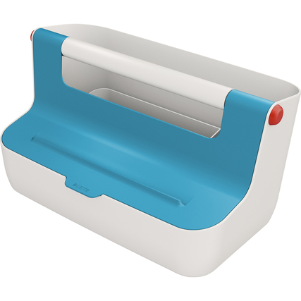 Tragbare Aufbewahrungsbox in blau und hellgrau mit Fächern und Halter für Tablet oder Smartphone.