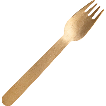 Kompostierbare, hölzerne Gabel mit glatter Oberfläche und abgerundeten Spitzen.