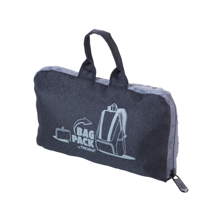 Schwarze und graue Tasche, die zu einem Rucksack falten lässt, mit seitlichem Griff und Logo.