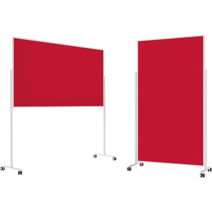 Doppelseitige Moderationstafel in Rot mit Aluminiumrahmen und Rollen für Mobilität.