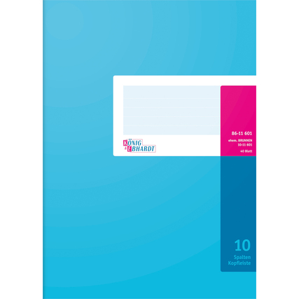 Blaue Vorderseite eines Spaltenbuchs mit Platz für eine Kopfzeile und 10 Spalten.