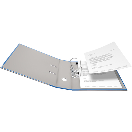 Blauer Recycolor Ordner DIN A4 mit geöffnetem Cover und Inhalten in der Mitte.