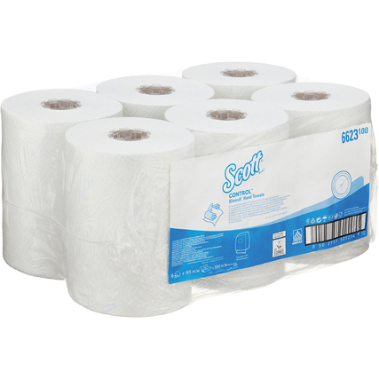 Sechs verpackte Handtuchrollen in weißer Farbe mit markanter Produktkennzeichnung.