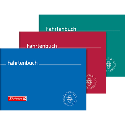 Drei Fahrtenbücher in verschiedenen Farben (blau, rot, grün) mit dem Titel "Fahrtenbuch".