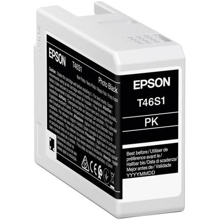 Schwarze Epson Tintenpatrone T46S1 mit Produktinformationen auf der Verpackung.