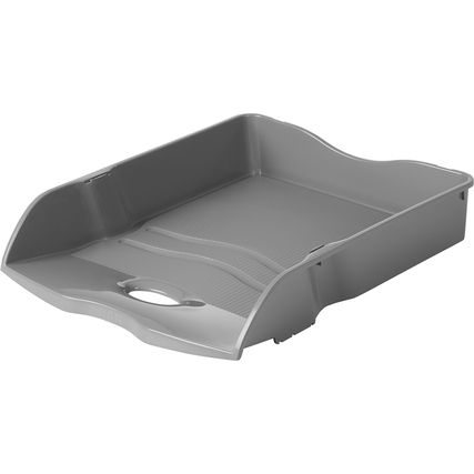 Dunkelgraue, ergonomische Briefablage aus recyceltem Kunststoff mit angeschrägter Vorderfront.