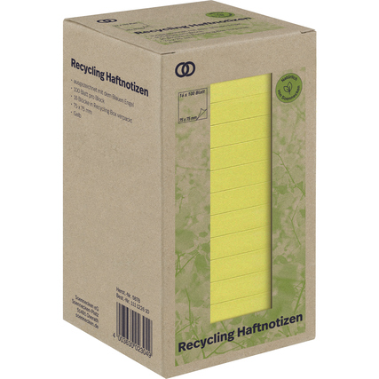 Gelber Paket mit Recycling-Haftnotizen, 16 Blöcke à 75 x 75 mm, auf umweltfreundlichem Karton.