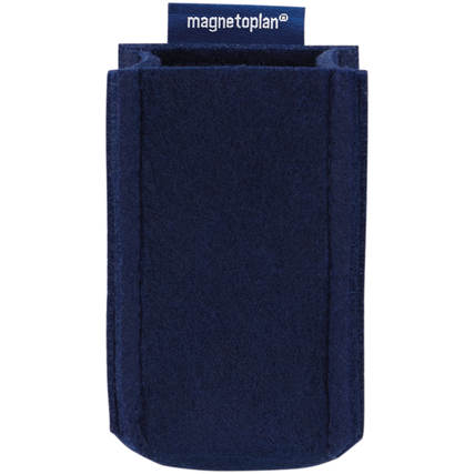 Blauer Stiftehalter aus Filz mit einer Rückseite für magnetische Befestigung.