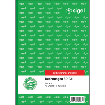 Rechnungsblock im A5-Format mit Sicherheitsbindung, 40 Kopien pro Block, grüne Hintergrundfarbe.