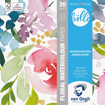 Aquarellblock mit floralem Design und Produktinformationen auf der Verpackung.