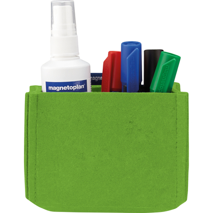 Grüner Stiftehalter aus Filz mit Markern und einem Reinigungsspray, angewendet an einer Fläche.