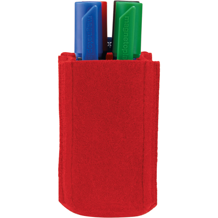 Roter Stiftehalter aus Filz mit mehreren Boardmarkern, Anwendung an eine magnetische Oberfläche.