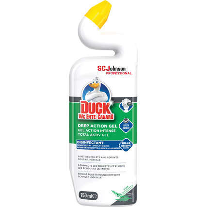Flasche mit WC-Reiniger-Gel, spitz zulaufendem Auslauf und Pflegeanleitung auf der Vorderseite.