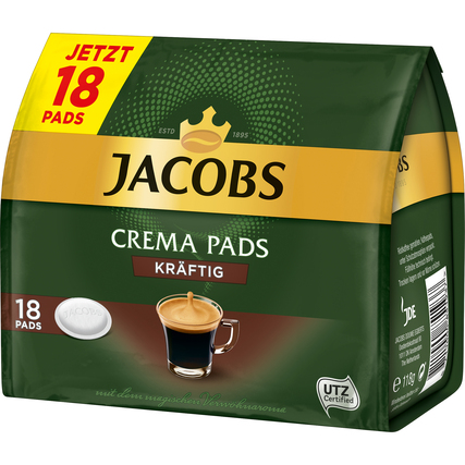 Packung mit 18 Kaffeepads in kräftiger Crema-Variante, grüne und goldene Farbgestaltung.