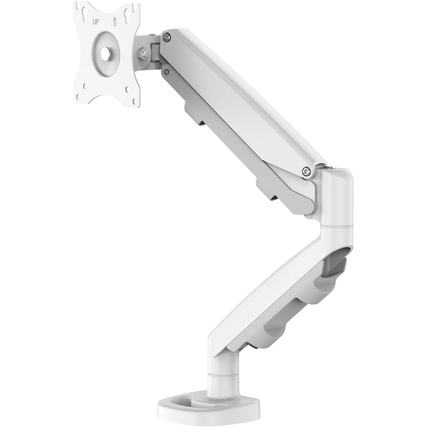 Ein einzelner Monitorschwenkarm in Weiß mit ergonomischem Design und Kabelmanagement.
