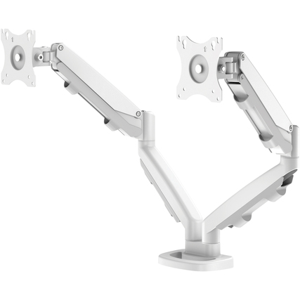 Doppelter weißer Monitorarm mit zwei Halterungen und flexiblem Schwenkmechanismus.