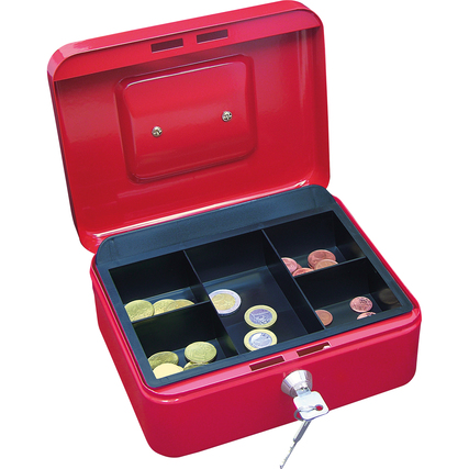 Rote Geldkassette mit aufklappbarem Deckel und mehreren Fächern für Münzen und Geldscheine.