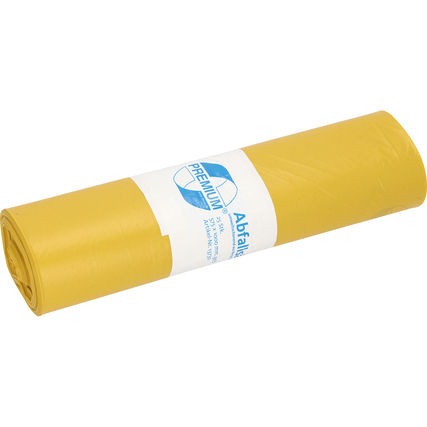 Gelber Müllbeutel im Rollenformat mit Aufdruck auf der Verpackung.