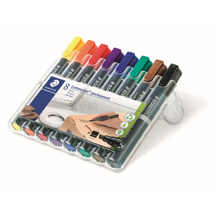 Acht Permanentmarker in verschiedenen Farben, verpackt in einer durchsichtigen Plastikbox.