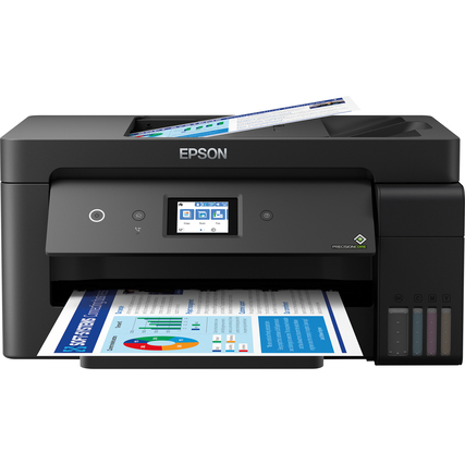 Epson Multifunktionsgerät EcoTank ET-15000 in Frontansicht mit Druckauftrag und Tintentanks.