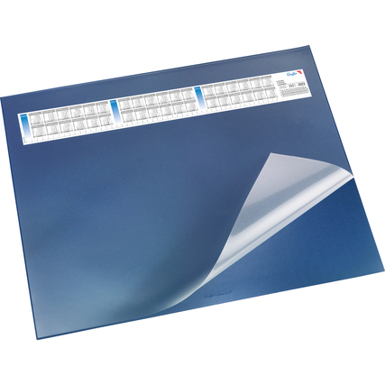 Blaue Schreibunterlage mit blendfreier Folie und auswechselbarem Kalender.